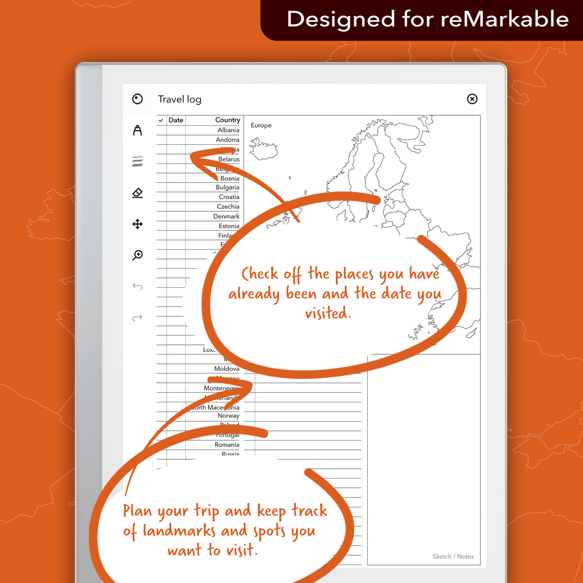 Travel Log - Europe - Einkpads - reMarkable Templates